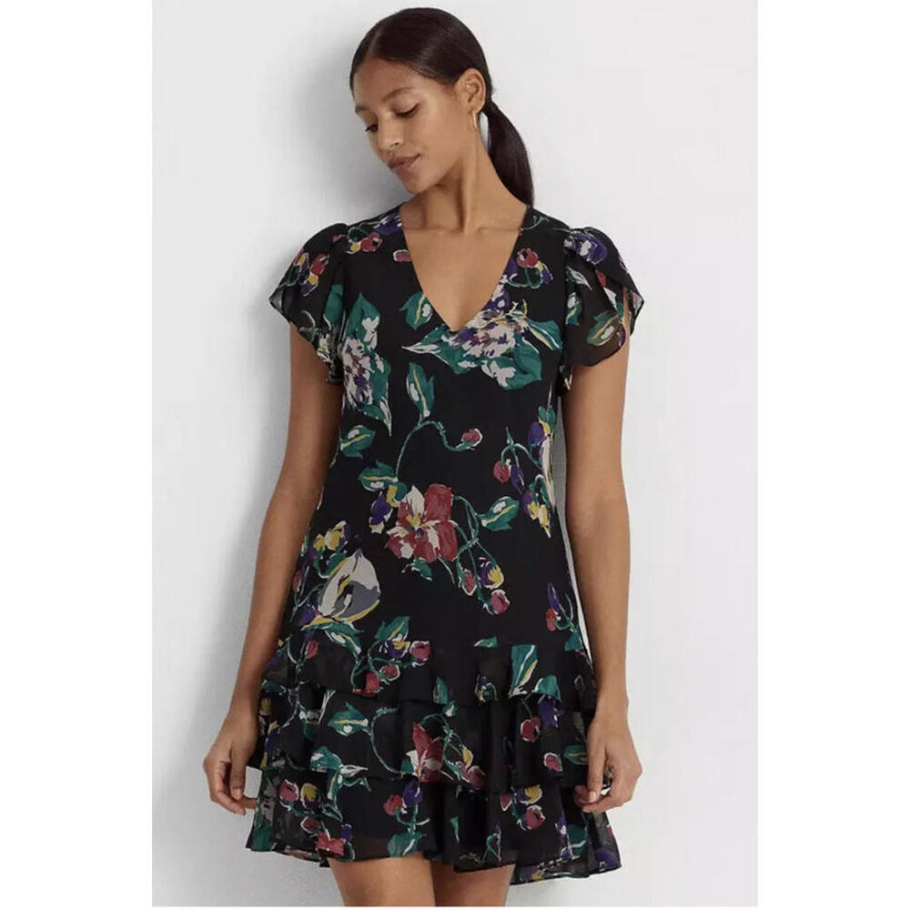 RALPH LAUREN V-neck Ruffled Hem Floral Print Georgette Drop Waist Dress 0 New - Picture 2 of 7